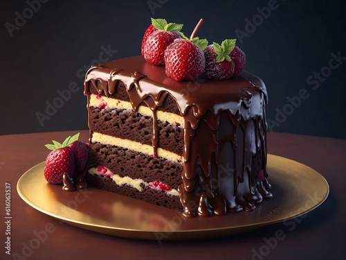 Chocolate cake cut into slices topped with strawberry fruit on a golden plate, close-up,  from Ai, generates 
