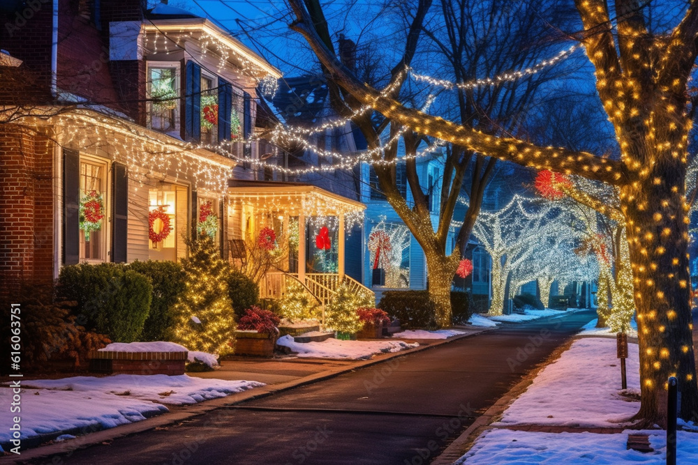 Christmas decoration of a house in the suburbs of an American town at night