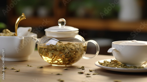 brilliant and beautiful clean white or light-colored ceramic teapot filled with jasmin tea, loose tea leaves