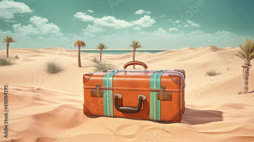 Suitcase in the sand of the beach. Vacation scene with travel case on the shore line. Generative AI.