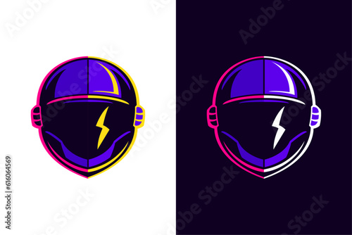 Fantasy space helmets vector illustrations. Esports gaming high detailed logos set. Violet bones with vivid lights. Gamer sport team mascot design. Vector for horror genre, racing, or flight badge.