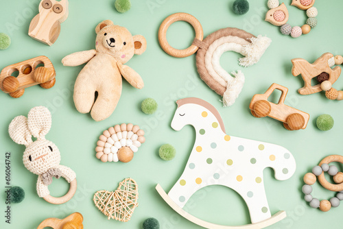 Eco fiendly child wooden toys. Sustainable, developmental, sensory toys for babies and toddlers. Top view, flat lay