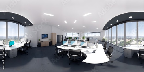 Full 360 degrees seamless spherical panorama HDRI equirectangular projection of Interior open space office. Texture environment map for lighting and reflection source rendering 3d scenes. 