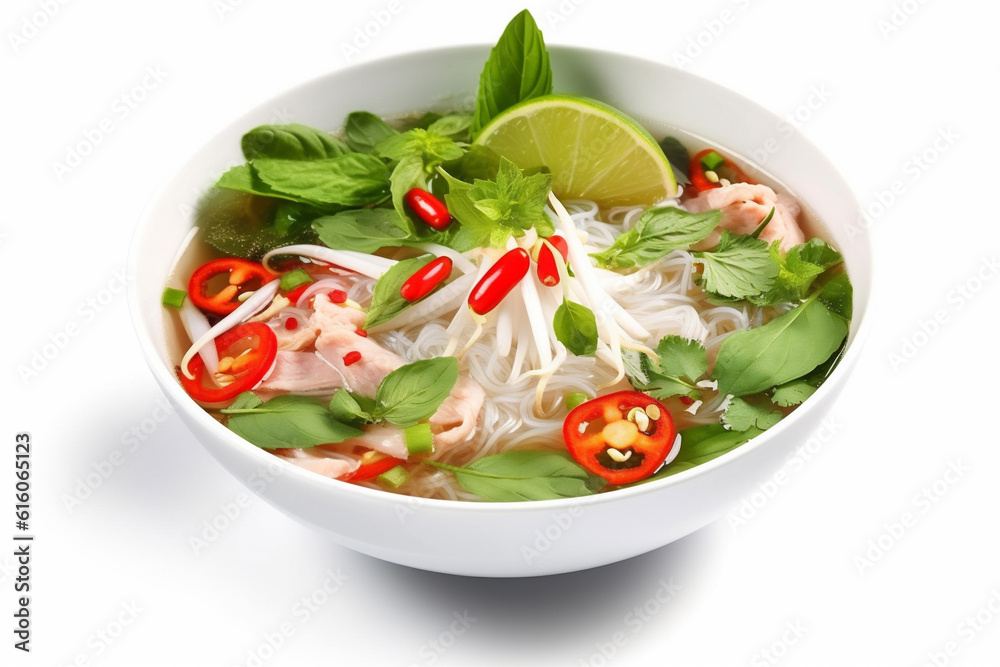 bowl meat asian soup broth background noodle traditional white dish food. Generative AI.