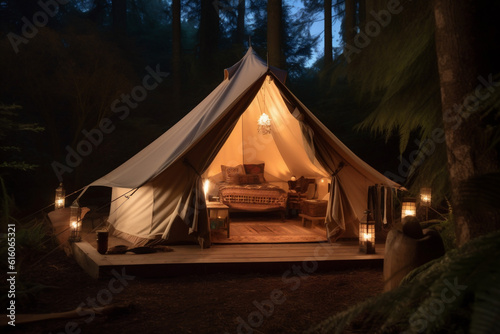 forest tent travel light luxury glamping nature canvas camping vacation. Generative AI. © SHOTPRIME STUDIO