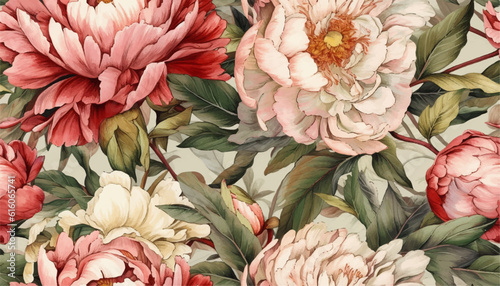 Garden flowers Peonies watercolor seamless pattern. Beautiful hand drawn texture. Romantic background