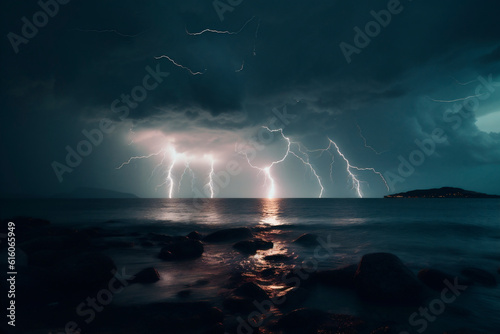 Dramatic landscape with a lighting thunderstorm in the nature. Powder phenomenon of nature. Genrative AI.