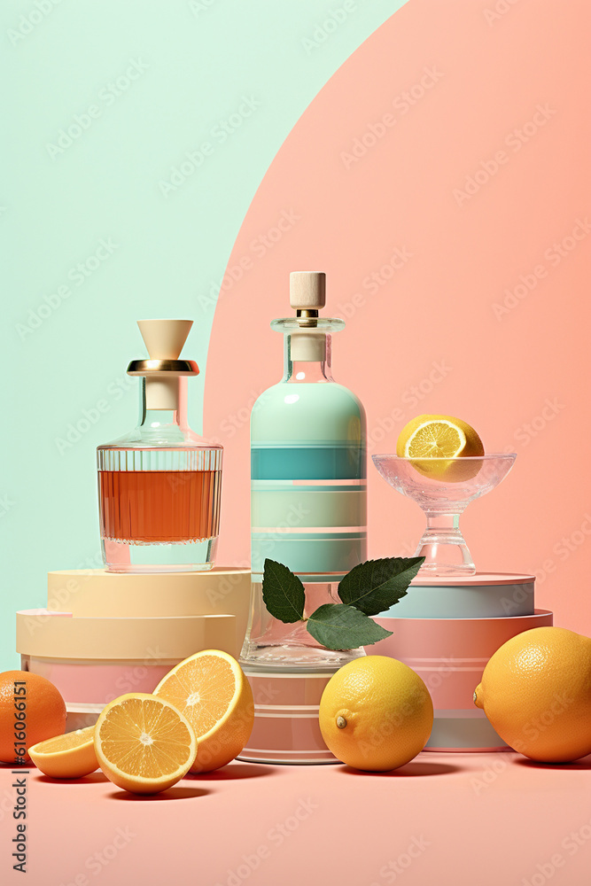 A colorful display of summer beverages: glass bottles filled with fresh fruits - orange, grapefruit, lemon & citron indoor charm at its best A colorful display of summer beverages: glass bottles filled with fresh fruits - orange, grapefruit, lemon & citron indoor charm at its best