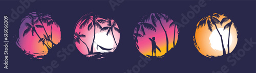 Abstract tropical landscape. Collection vector illustrations. Sunset in a bay with palm trees. Print for t-shirt in the shape of a circle	