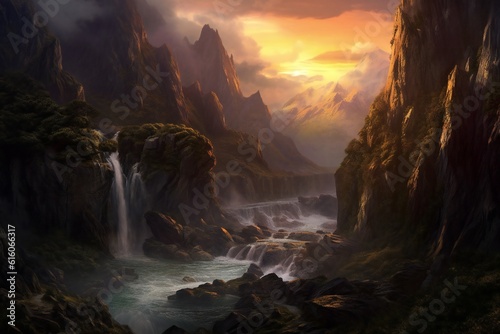 Landscape, River, Mountains, Volumetric lighting, water, sunrise, trees, waterfall, sunrise, dramatic clouds, Lavish, intricate detail, concept art, moody, composition Generative AI