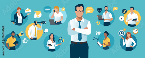 The leader. Employees on circles, business icons. Team cooperation concept. Business vector illustration. 