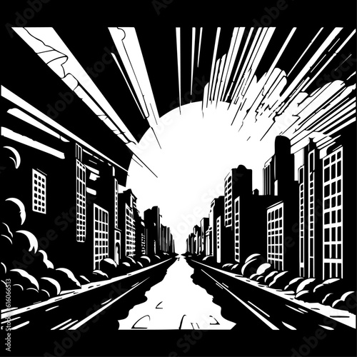 Vector black line illustration, End of the world, city skyline, isolated on white background, vector illustration.