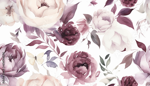 Delicate floral watercolor pattern for textiles and backgrounds, watercolor peonies flowers and green leaves, soft colors, boho style on a light background, floristic vintage