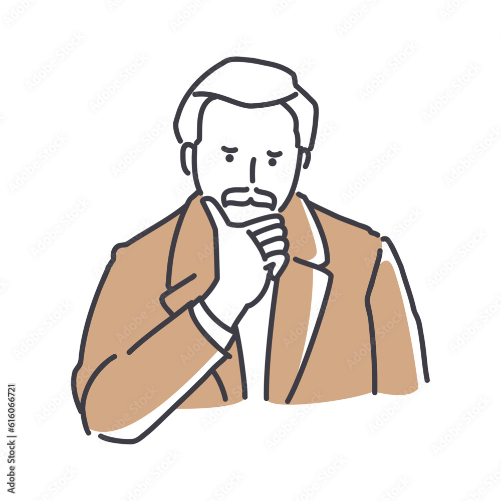 Portrait of mature man with mustache watching down on white background. Simple style outline flat vector illustrations. Perfect for web and marketing, social media, creative process, app design. Portrait of mature man with mustache watching down on white background. Simple style outline flat vector illustrations. Perfect for web and marketing, social media, creative process, app design.