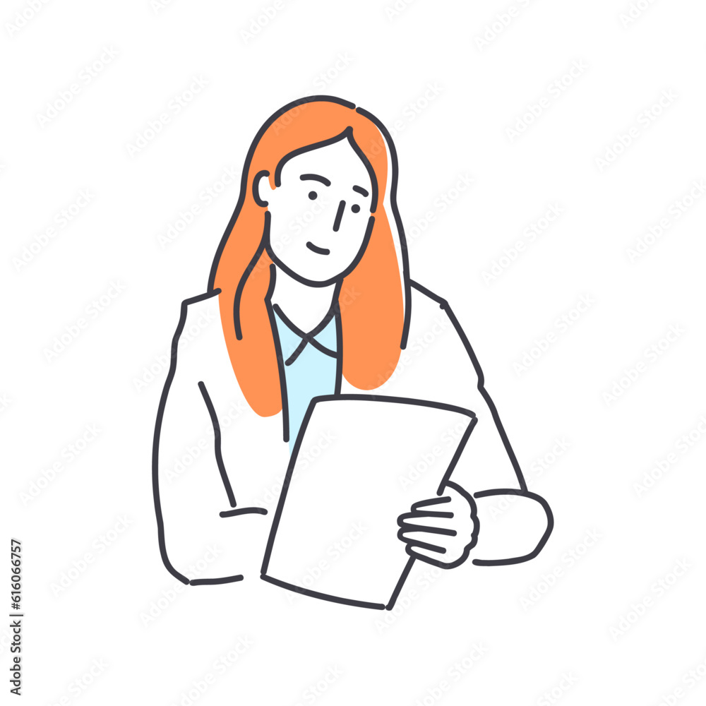 Beautiful female employee with resume paper at job interview. Simple style outline flat vector illustrations. Office scenes. Workflow concept. Perfect for web design, social media, creative process. Beautiful female employee with resume paper at job interview. Simple style outline flat vector illustrations. Office scenes. Workflow concept. Perfect for web design, social media, creative process.
