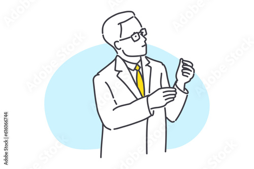Portrait of concentrated scientist in white lab coat, looking at test results in the hands. Simple style outline flat vector illustrations. Medicine concept. Perfect for chemical app, social media.