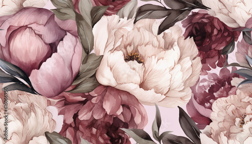 Delicate floral watercolor pattern for textiles and backgrounds, watercolor peonies flowers and green leaves, soft colors, boho style on a light background, floristic vintage