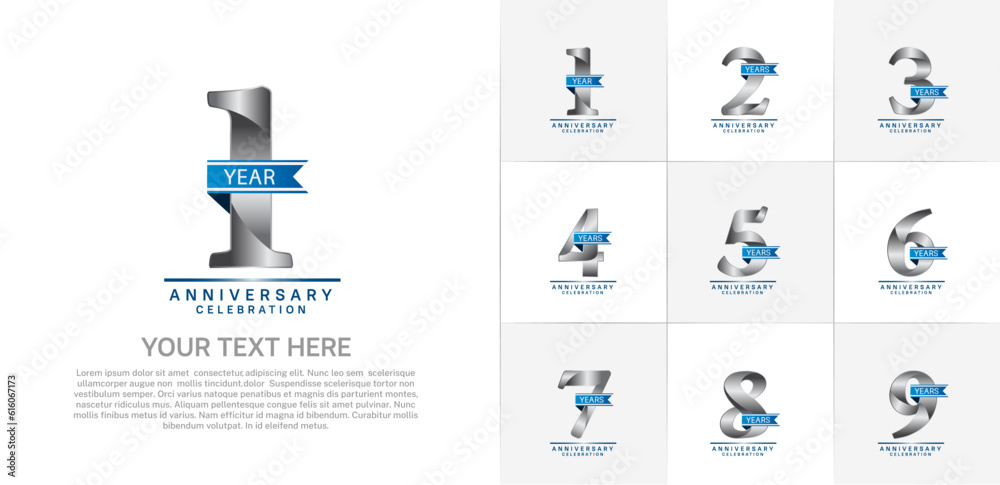set of anniversary logo with silver number and blue ribbon can be use for celebration