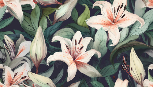 Tropical seamless pattern with oriental lily flowers and buds, watercolor