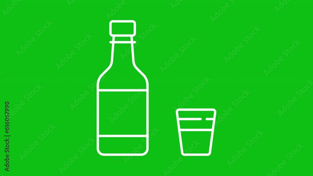 Animated soju white line icon. Bottle pouring korean drink animation. Alcoholic beverage. Loop HD video with chroma key, alpha channel, transparent background. Outline motion graphic animation Animated soju white line icon. Bottle pouring korean drink animation. Alcoholic beverage. Loop HD video with chroma key, alpha channel, transparent background. Outline motion graphic animation