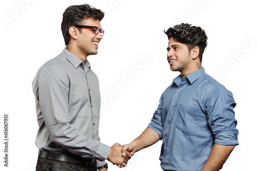 Business Executives Shaking Hands After Closing A Deal isolated on a transparent PNG background.