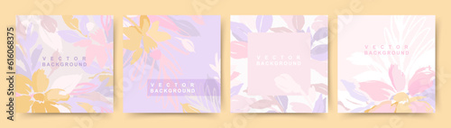 Floral vector backgrounds with pastel flowers and leaves. Artistic illustration for card, banner, invitation, social media post, poster, mobile apps, advertising, packaging
