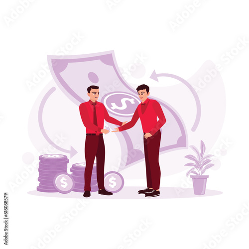 Two men agree and transact money face to face. Finance and transaction concept. Trend Modern vector flat illustration.