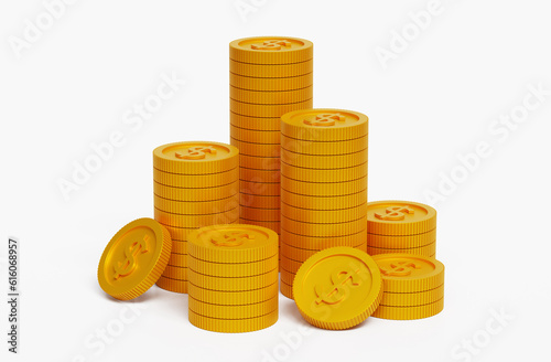 Stack of golden coins on white background with earning profit concept. Gold coins or currency of business. 3D rendered illustration