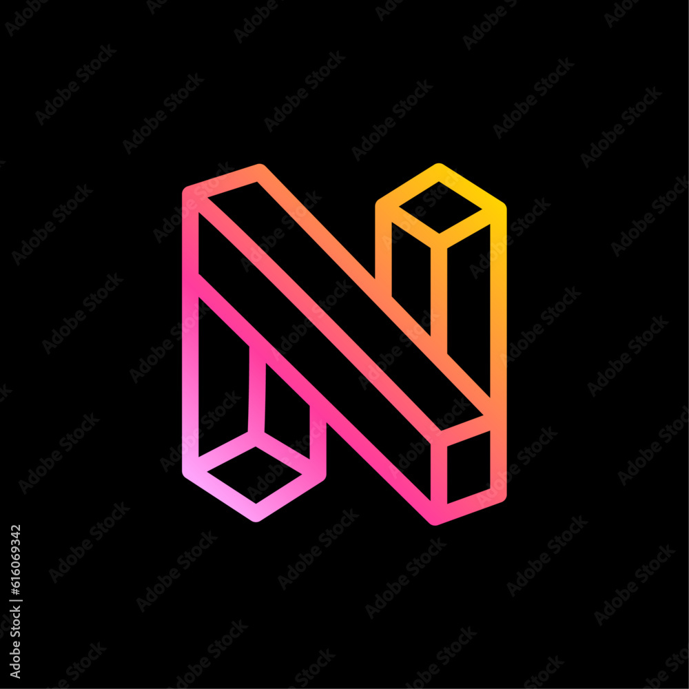 Isometric N letter logo. Neon lights emblem. Multicolor gradient impossible lines design. Cubic bright icon for blockchain labels, nightlife headlines, futuristic posters, NFT advertisement. Isometric N letter logo. Neon lights emblem. Multicolor gradient impossible lines design. Cubic bright icon for blockchain labels, nightlife headlines, futuristic posters, NFT advertisement.