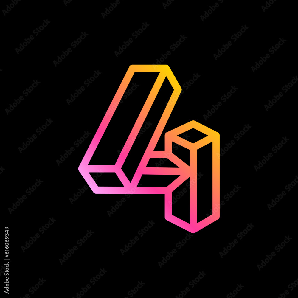 4 logo. Isometric number four. Neon lights emblem. Multicolor gradient impossible lines design. Cubic bright icon for blockchain labels, nightlife headlines, futuristic posters, NFT advertisement. 4 logo. Isometric number four. Neon lights emblem. Multicolor gradient impossible lines design. Cubic bright icon for blockchain labels, nightlife headlines, futuristic posters, NFT advertisement.