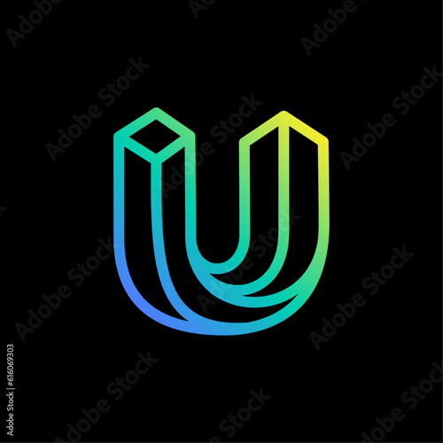 Isometric U letter logo. Neon lights emblem. Multicolor gradient impossible lines design. Cubic bright icon for blockchain labels, nightlife headlines, futuristic posters, NFT advertisement.