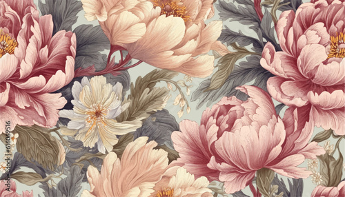 Seamless boho floral pattern with pink peony flowers. Retro collage pattern. Contemporary print for wedding stationary, greetings, wallpapers, fashion, backgrounds, textures, DIY, wrappers, cards