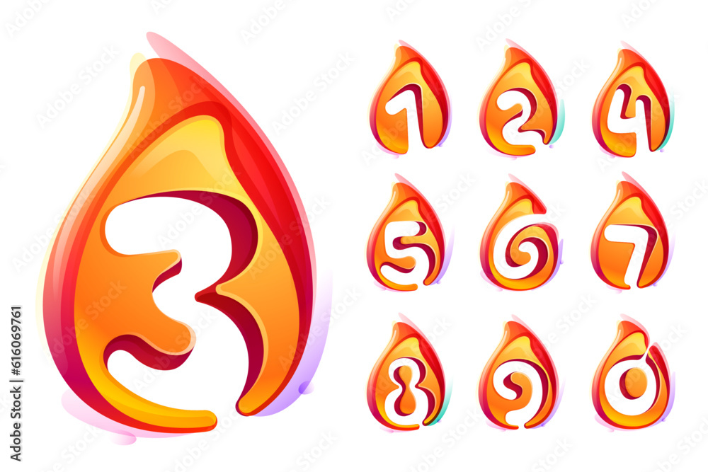 Numbers set in fire flames. Negative space 3D realistic icons. Vibrant initials in overlapping watercolor style. Vector watercolor font for danger labels, warning posters, sport identity. Numbers set in fire flames. Negative space 3D realistic icons. Vibrant initials in overlapping watercolor style. Vector watercolor font for danger labels, warning posters, sport identity.