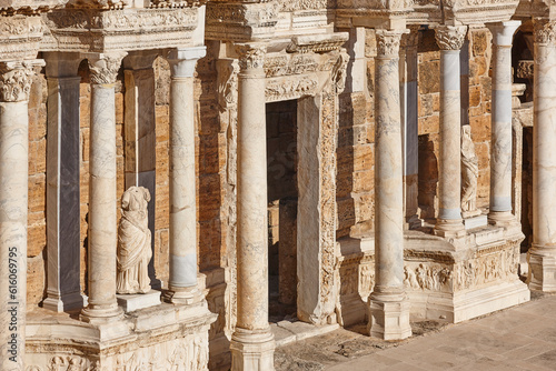 Amphitheatre classic columns in Hierapolis archeology landmark. Pamukkale, Turkey