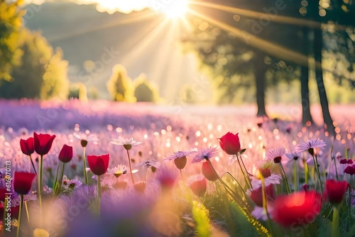 Natural background with flowers and soft sunshine made with Generative AI.