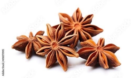 Star anise spice fruits and seeds isolated on white background.