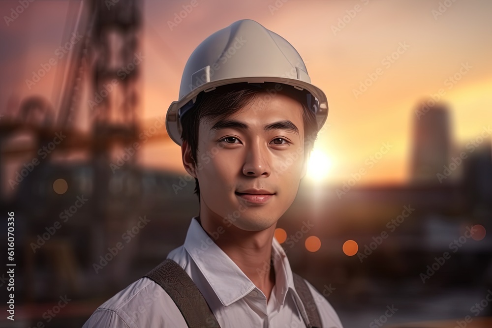 portrait of young asian engineer on construction site with sunset background.Generative Ai portrait of young asian engineer on construction site with sunset background.Generative Ai
