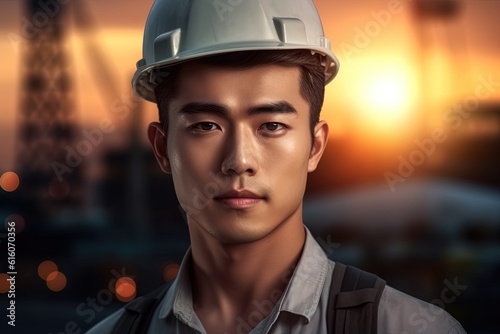 portrait of young asian engineer on construction site with sunset background.Generative Ai