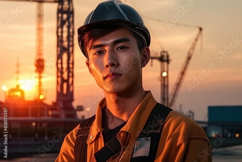 portrait of young asian engineer on construction site with sunset background.Generative Ai