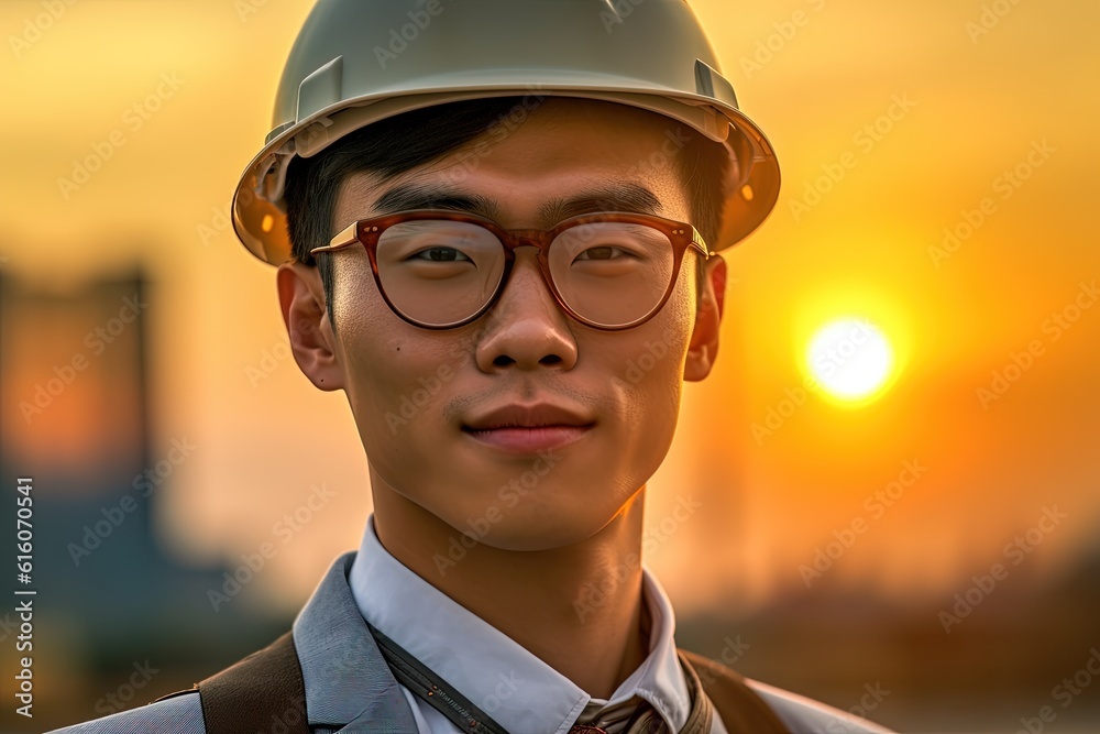 portrait of young asian engineer on construction site with sunset background.Generative Ai portrait of young asian engineer on construction site with sunset background.Generative Ai