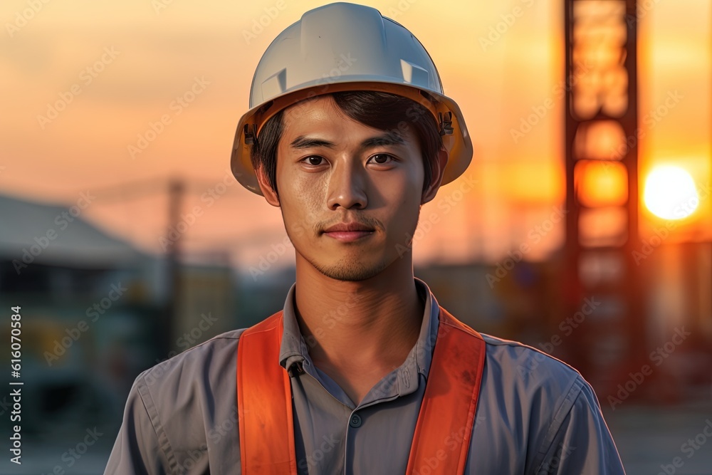 portrait of young asian engineer on construction site with sunset background.Generative Ai portrait of young asian engineer on construction site with sunset background.Generative Ai