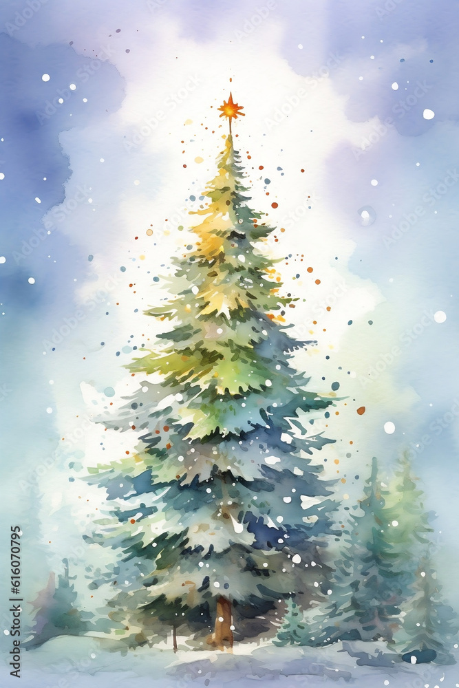 christmas tree in snow , water color