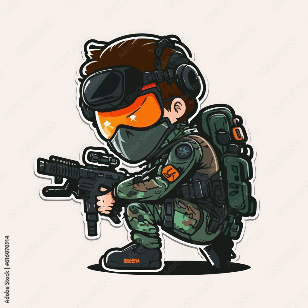 Fototapeta premium Airsoft player in armored vest, helmet, face glasses and protection kneeling and attacking with rifle on white background. Cartoon vector illustration.