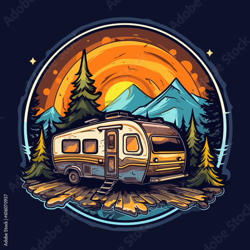 Travel by caravan for adventure. Summer holidays and camping. Family trip. Cartoon vector illustration. 