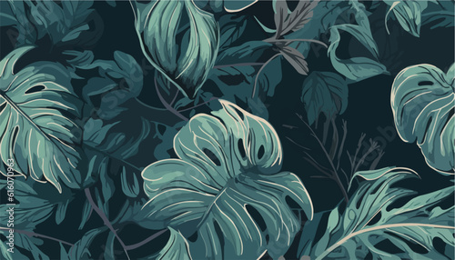 Trendy seamless tropical pattern with exotic leaves and plants jungle