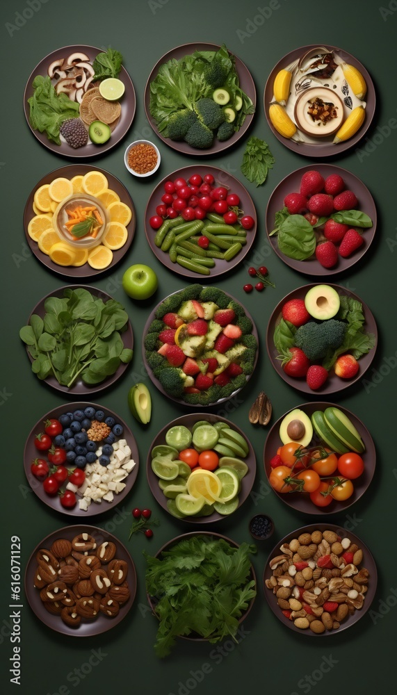 Assortment of healthy food dishes. Vertical orientation. Generative ai Assortment of healthy food dishes. Vertical orientation. Generative ai