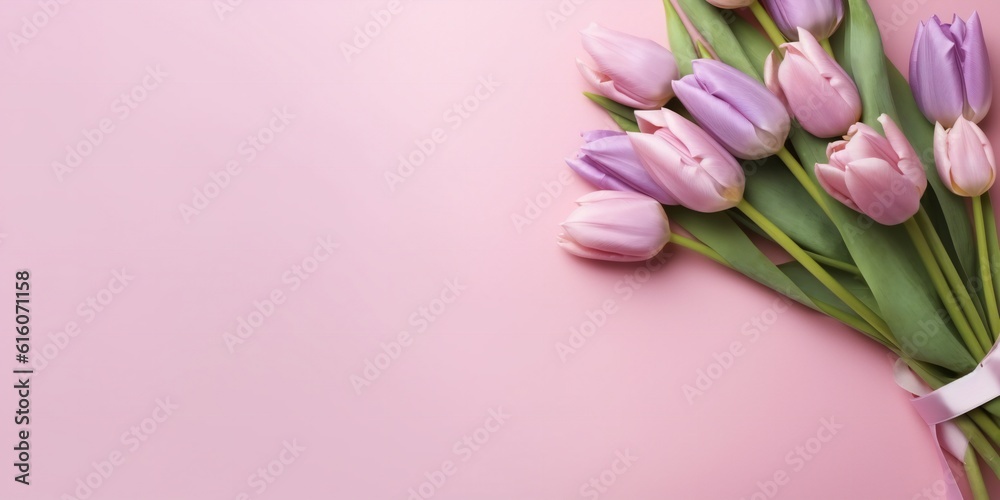 Beautiful bouquet of colorful tulip flowers on pink background with copy space. Generative ai