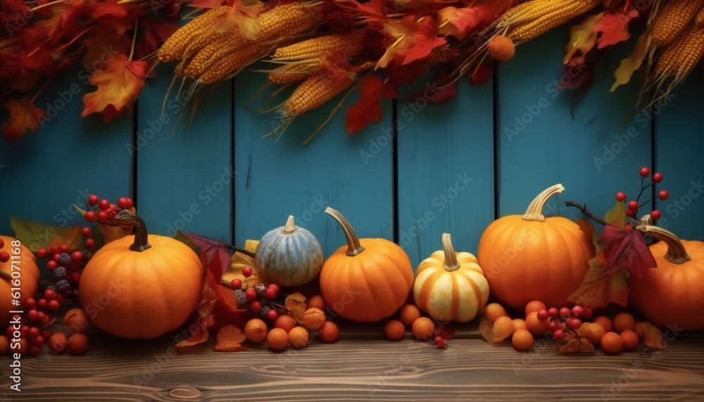 Autumn Thanksgiving Colorful Setting Background with copy space for text. Generative ai