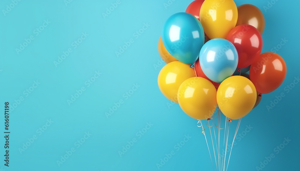 Bunch of bright balloons on blue background with copy space. Generative ai