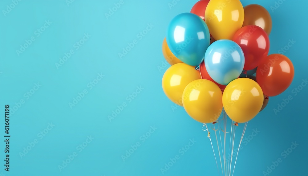 Bunch of bright balloons on blue background with copy space. Generative ai Bunch of bright balloons on blue background with copy space. Generative ai